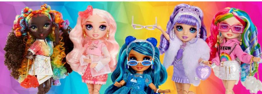 Rainbow High fashion dolls lineup on rainbow background